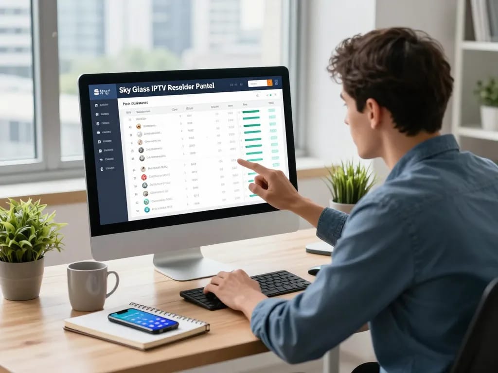 Sky Glass IPTV Reseller Panel interface on a desk, showcasing analytics and subscriptions management.