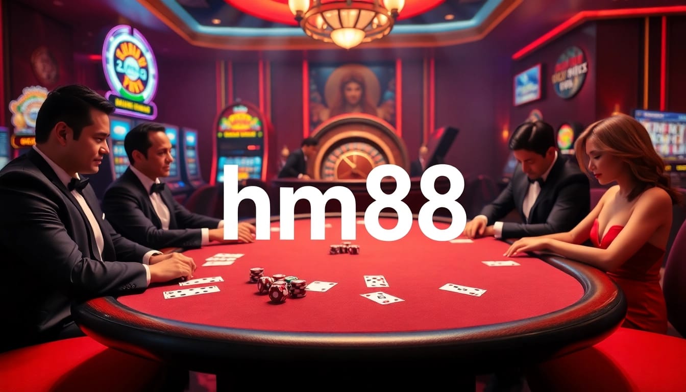 hm88 poker table with players engaged in a high-stakes game amidst luxury casino décor.