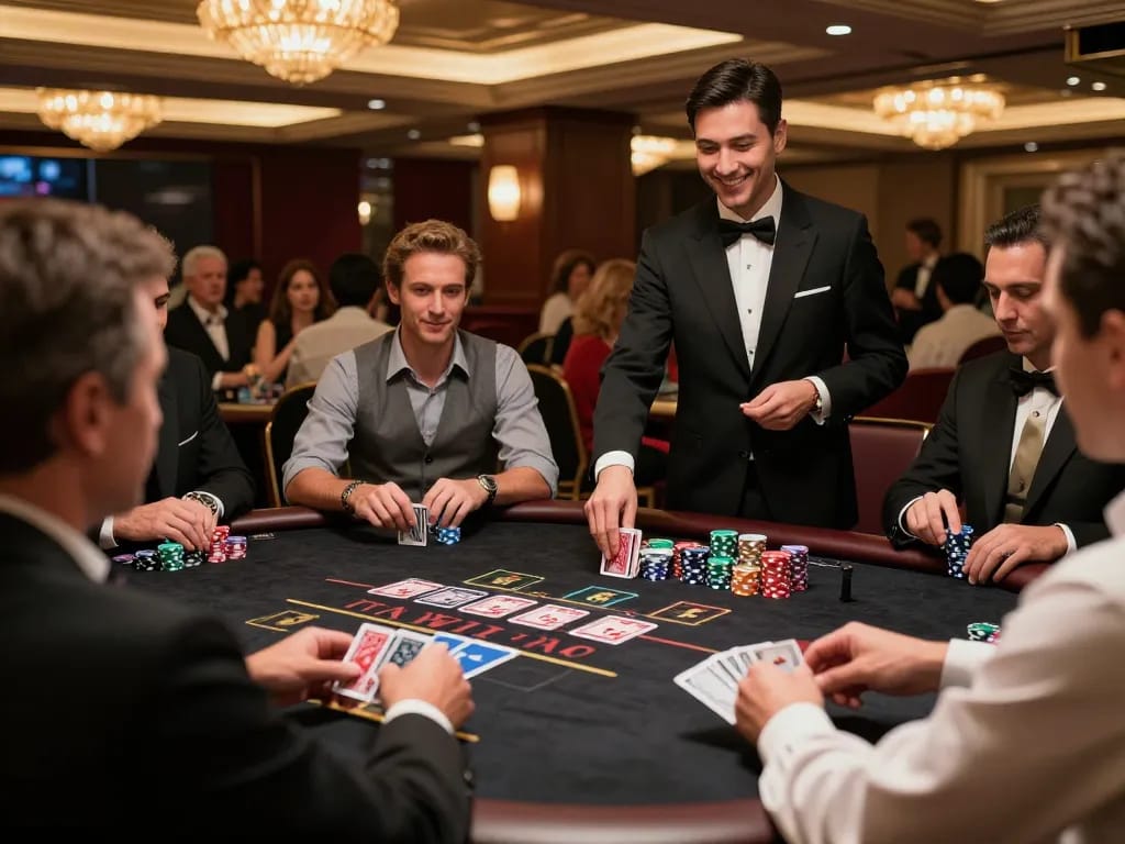 Engaged players at a luck8 blackjack table celebrate a thrilling win in a vibrant casino atmosphere.