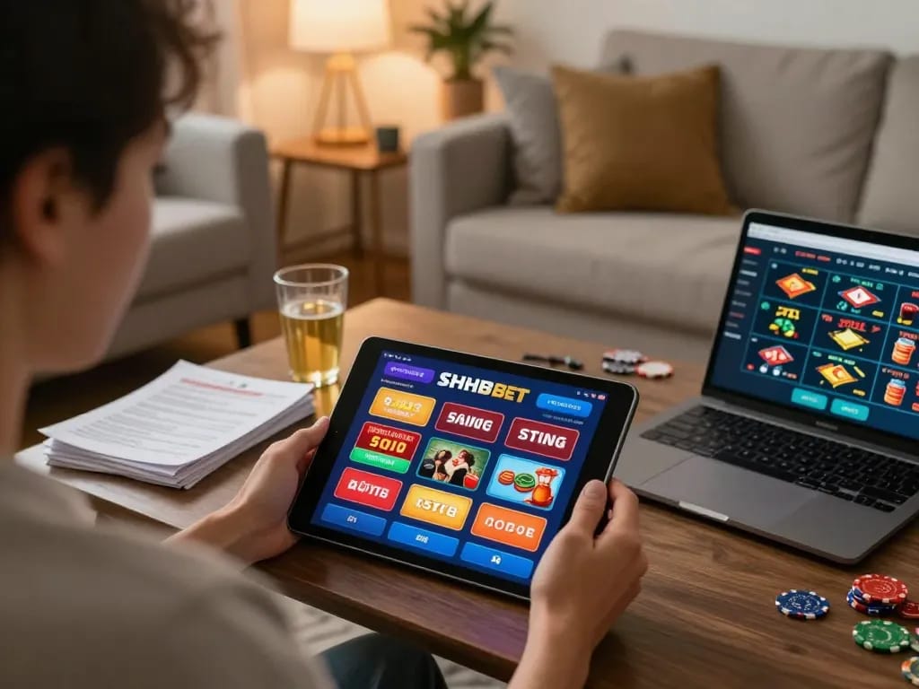 Player engaging with the SHBET app on a tablet for online gambling strategies.