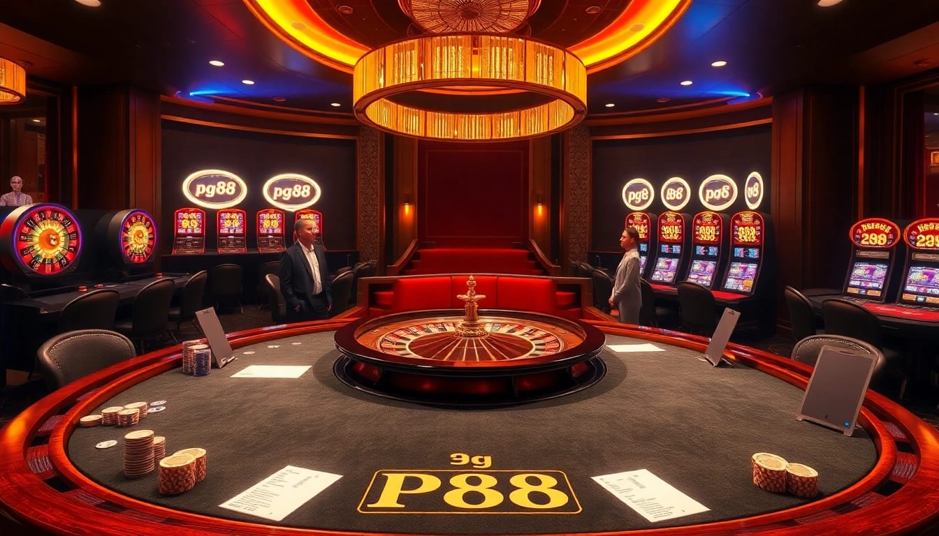 Players enjoying high-stakes poker at a luxurious casino featuring pg 88 slot machines and vibrant roulette wheels.