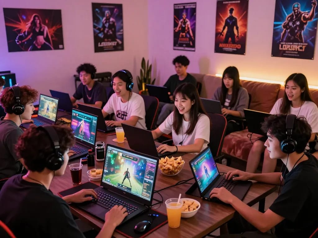 Group enjoying sex games together in a lively gaming lounge, showcasing interactive fun.