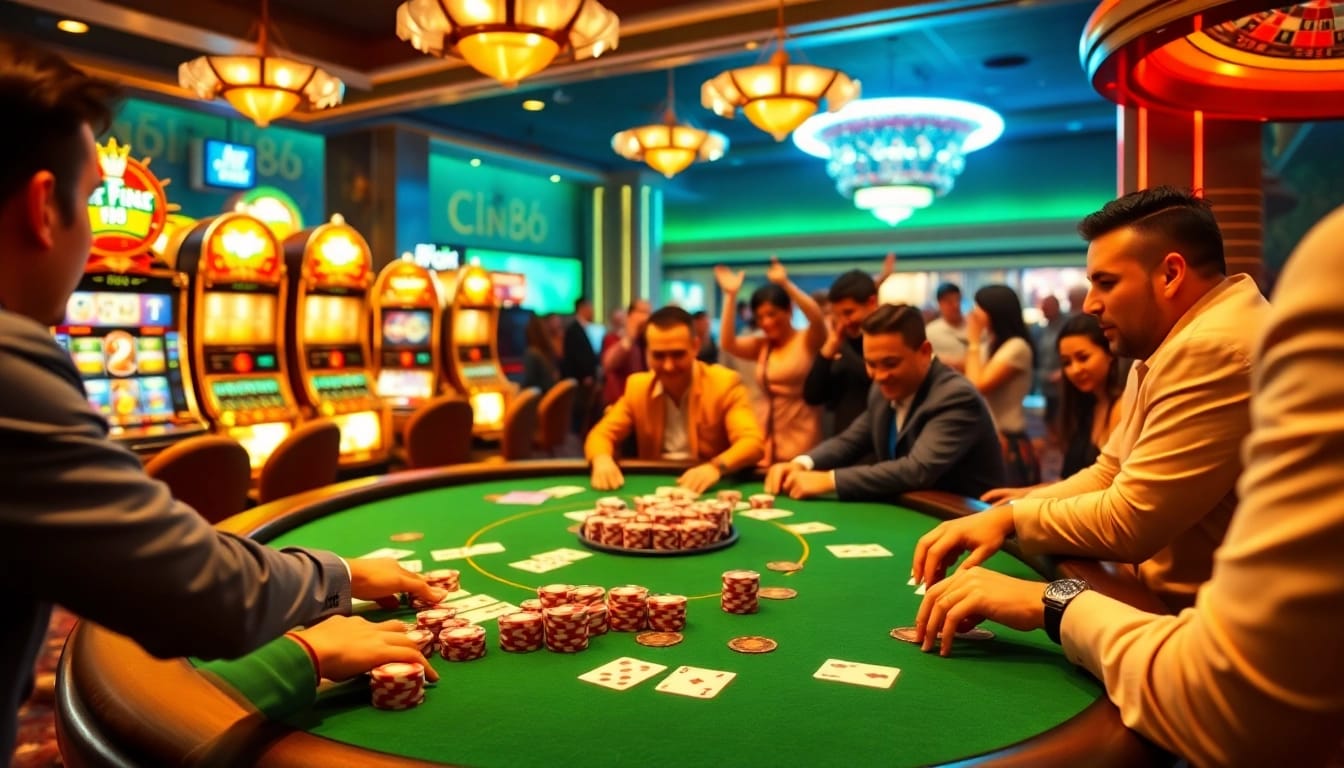 Experience the excitement of king88 at a high-stakes poker table with vibrant casino elements and lively patrons.