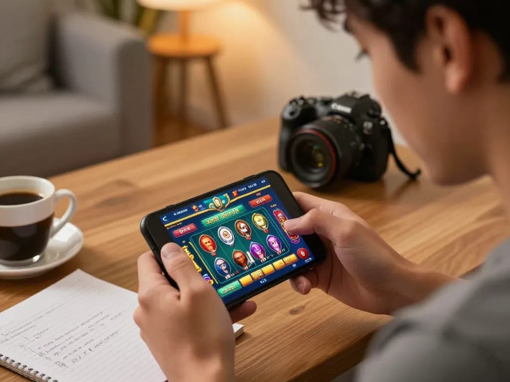 An engaged player using the kwin casino app on their smartphone, showcasing an exciting online gaming experience.