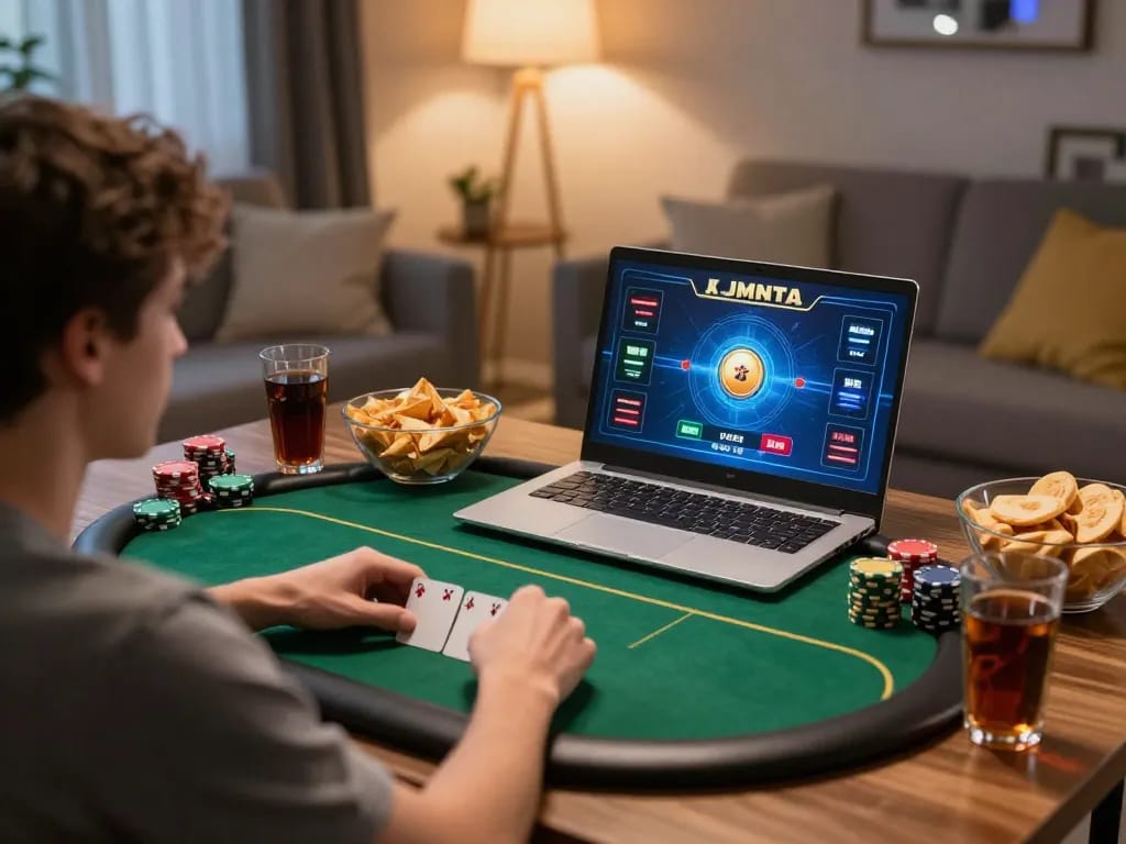 ATQ player enjoying poker game in a cozy home setting with strategic snacks and atmosphere.