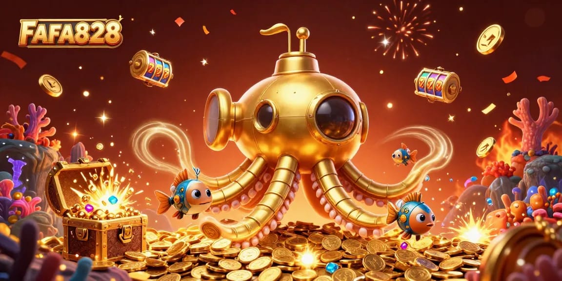 Spin winning slots on FAFA828 featuring a golden kraken submarine among treasure and excitement
