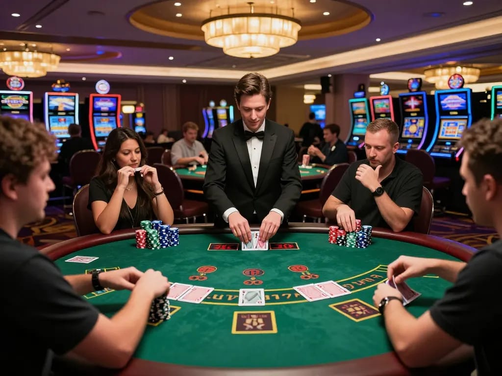 Players strategically betting at 79win's live blackjack table on a vibrant casino floor.