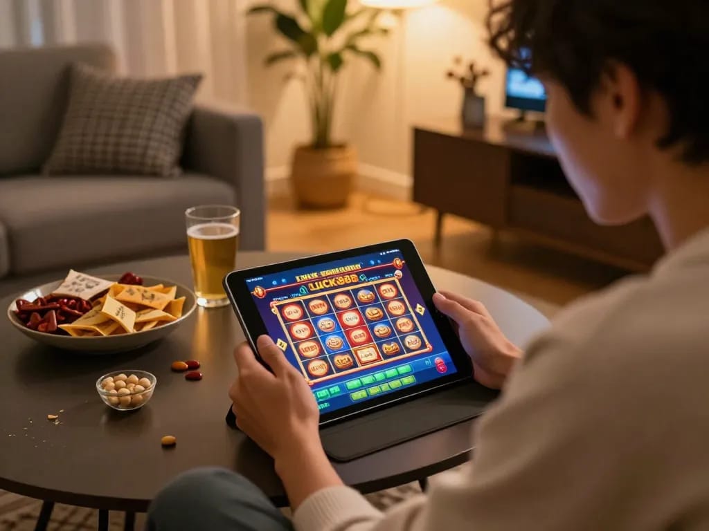 Engaging gameplay experience on the lucky888 app with vibrant slot machine display in a cozy home setting.