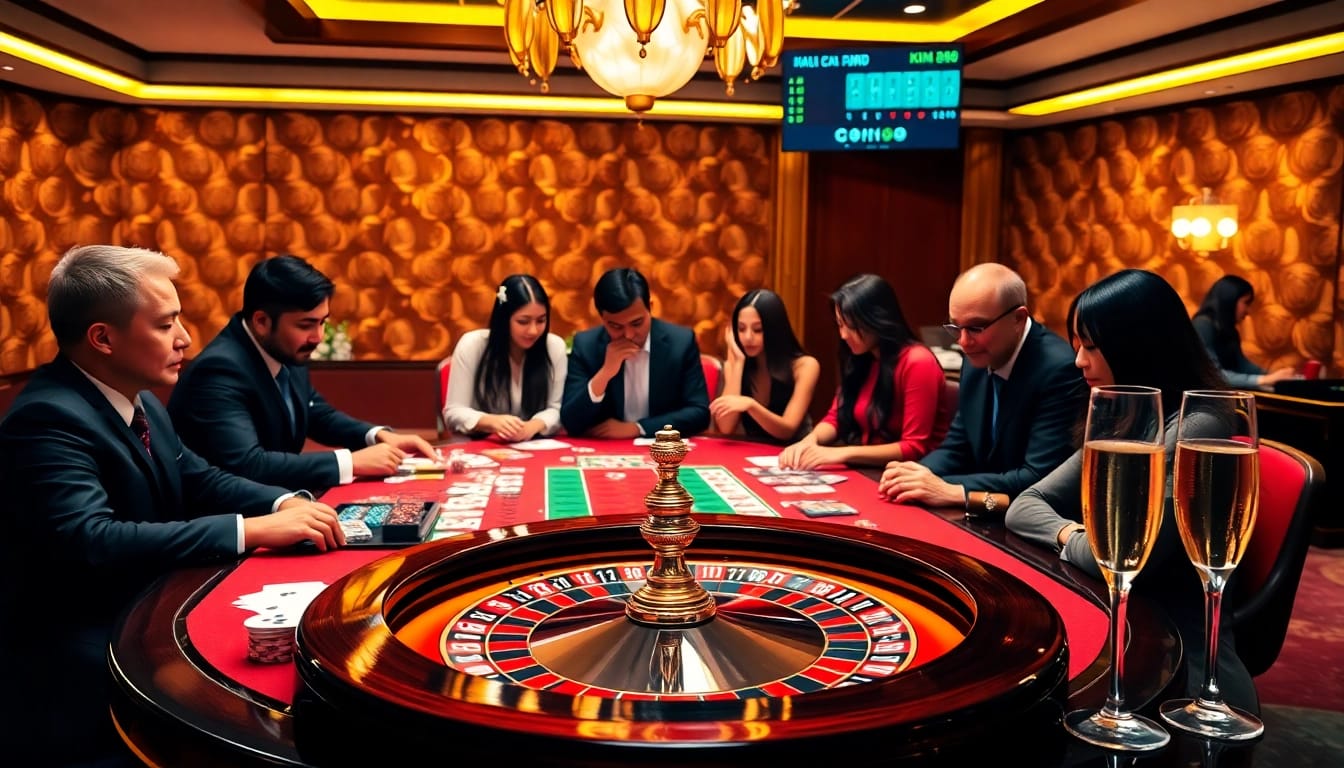 Engaged players enjoying a thrilling game at nhà cái kim88's luxurious casino table, complete with cards and chips.