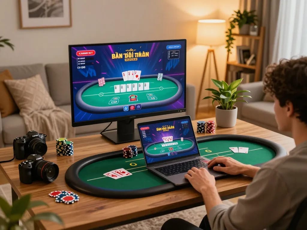 Engaging in game bài đổi thưởng with a cozy online gaming setup in a stylish living room.