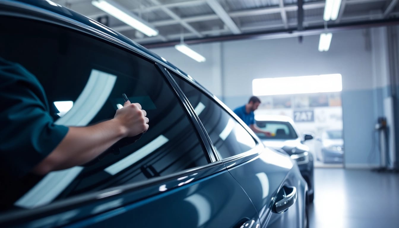 Technicians applying window tint Chattanooga on a sleek car in a bright garage.