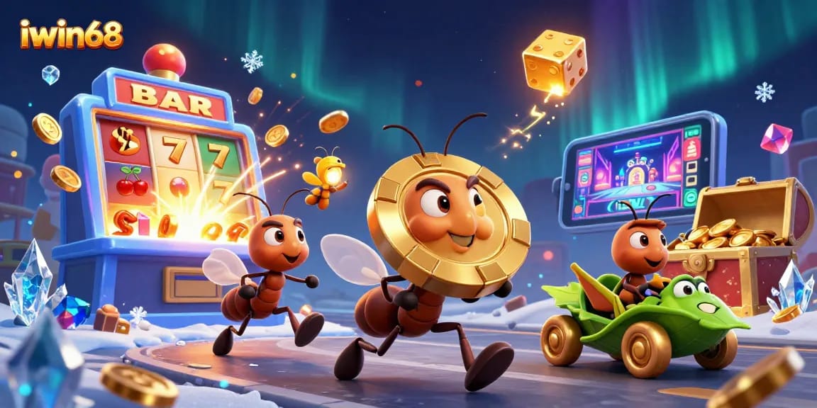 Experience the thrill of iwin68 as animated ants plan a casino heist with grand golden poker chips.
