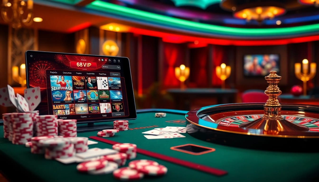 Experience the thrill of online gambling with 68VIP’s luxurious casino scene featuring roulette and poker elements.