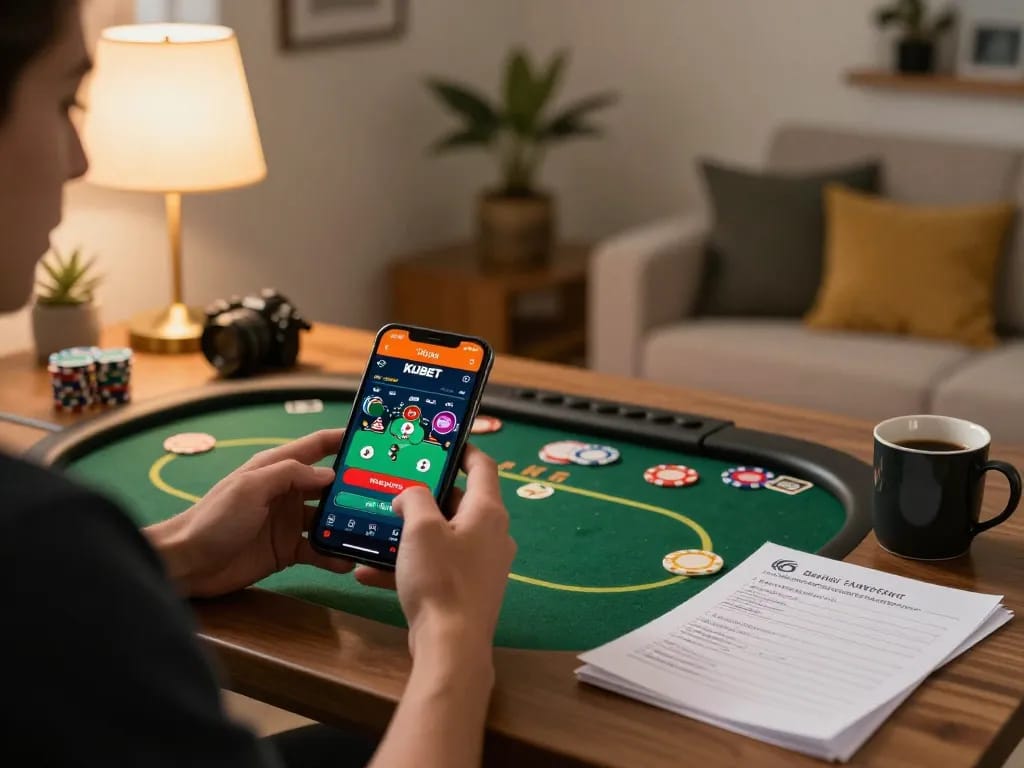 KUBET gaming app showcased on smartphone during a cozy home gaming session with bankroll notes and a drink.