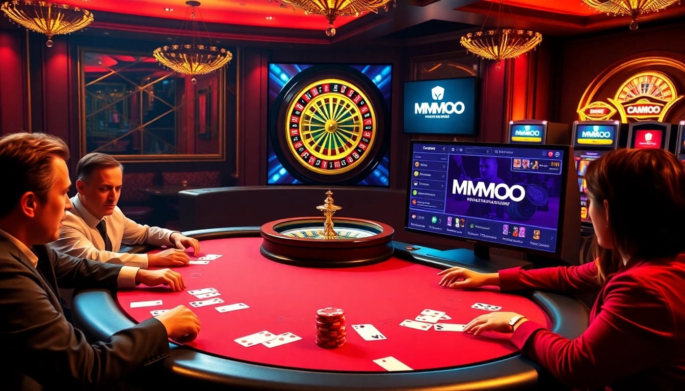 Players enjoying a thrilling poker game at an MMOO casino table, engaging with vibrant chips and cards, through a professional setting.