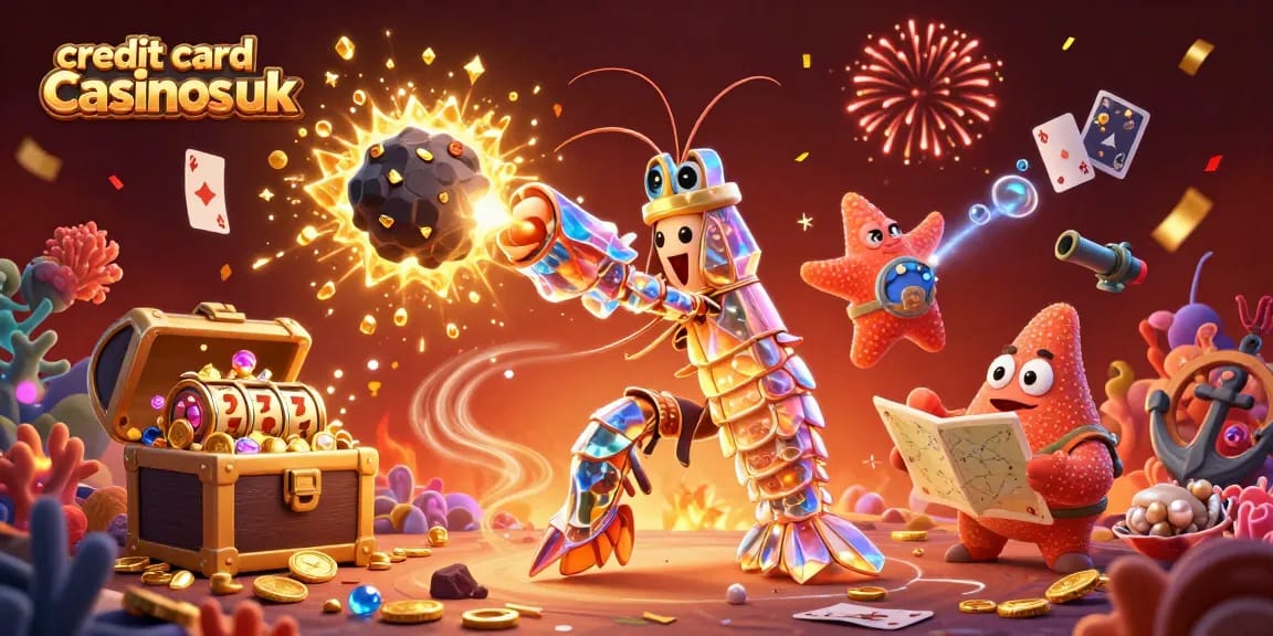 Experience excitement at credit card casinos uk with a dynamic 3D illustration of a galactic shrimp and treasure.