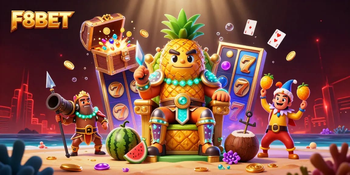 Experience the excitement of F8BET's vibrant casino-themed beach with a 3D golden pineapple king and vibrant gaming elements.