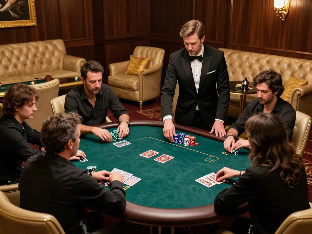 KJC poker enthusiasts engaging in high-stakes game in a luxurious VIP setting.