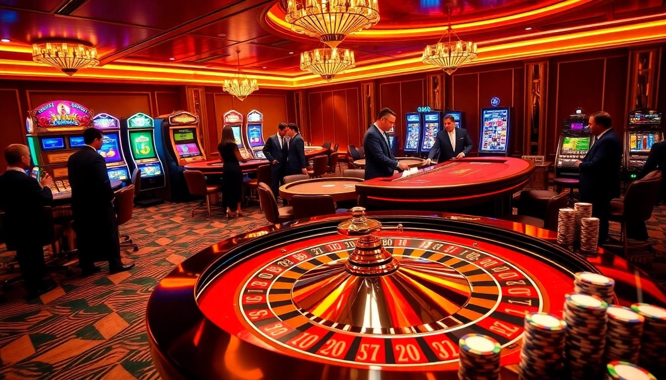 Players engaged in a thrilling game at DU88's luxurious casino, showcasing poker and roulette excitement.