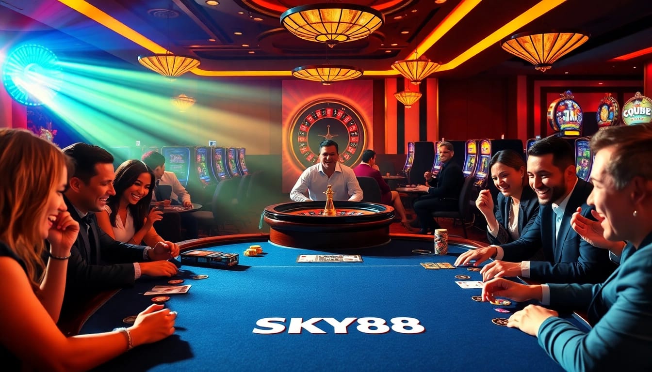 Feeling the rush at SKY88's luxurious gaming table with vibrant casino elements.