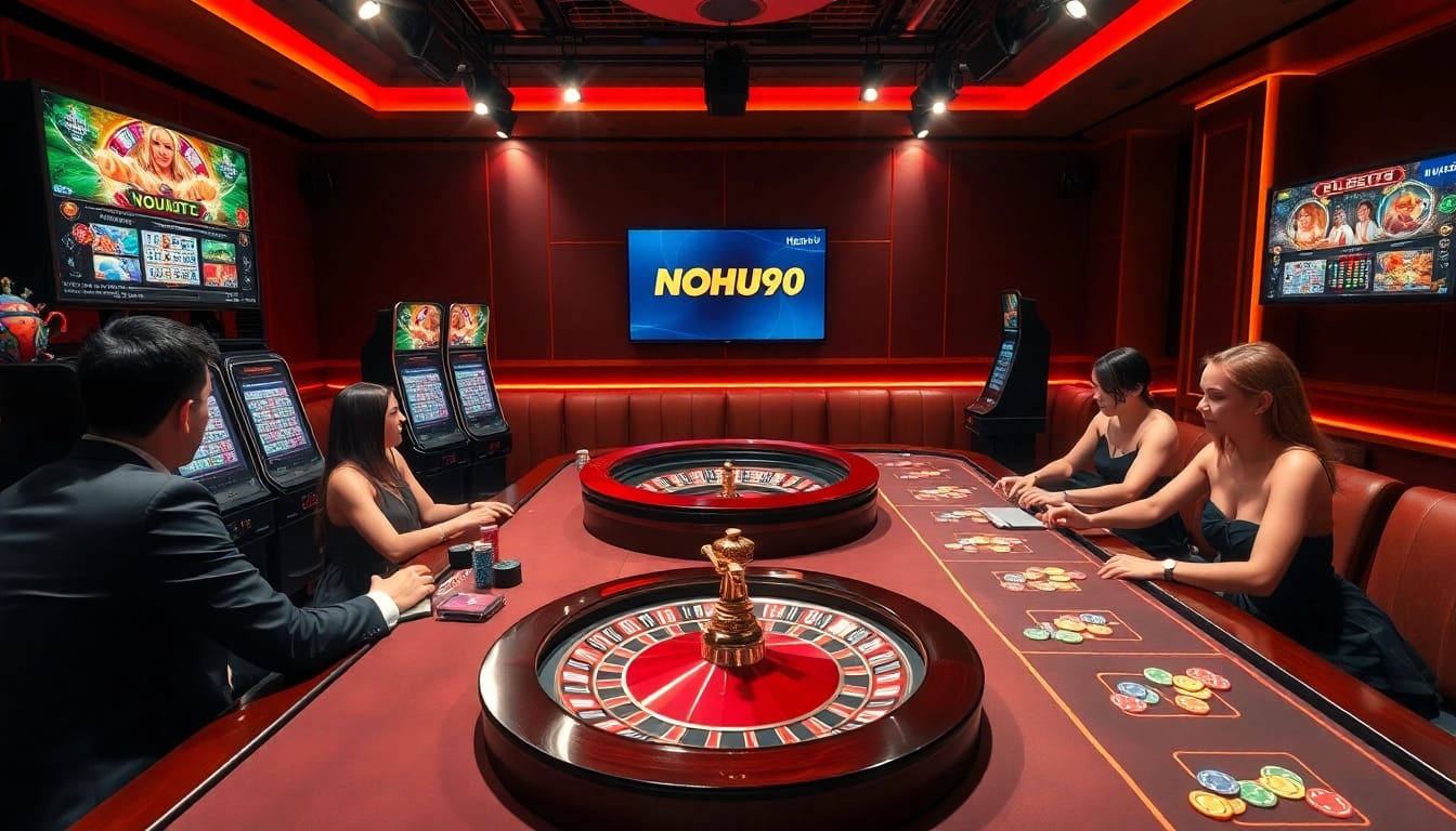 Players enjoying vibrant gambling excitement at NOHU90's online casino with colorful slots.