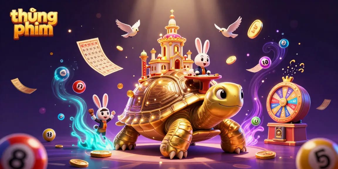 Exciting thúng phim illustration featuring a golden tortoise casino with a rabbit dealer and flying coins.