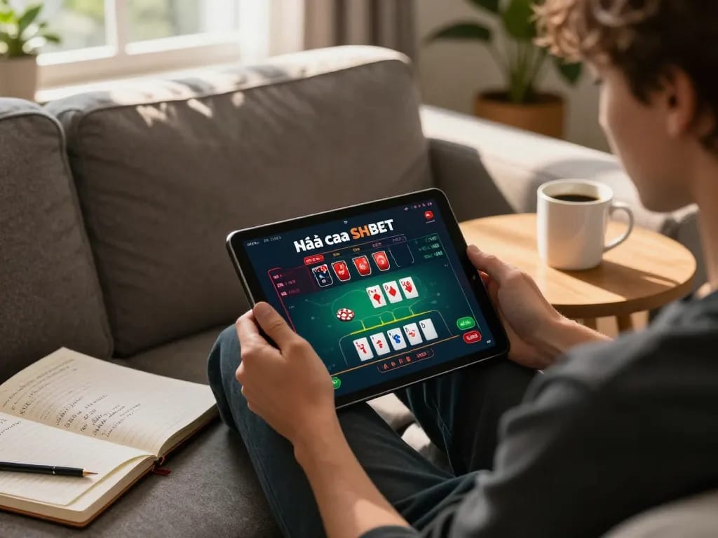 Engaging with Nhà cái SHBET online gambling on a tablet in a cozy home environment