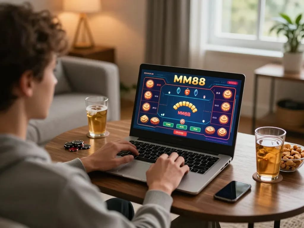 Engaged player enjoying MM88 online casino gaming with vibrant poker interface in a cozy setting.