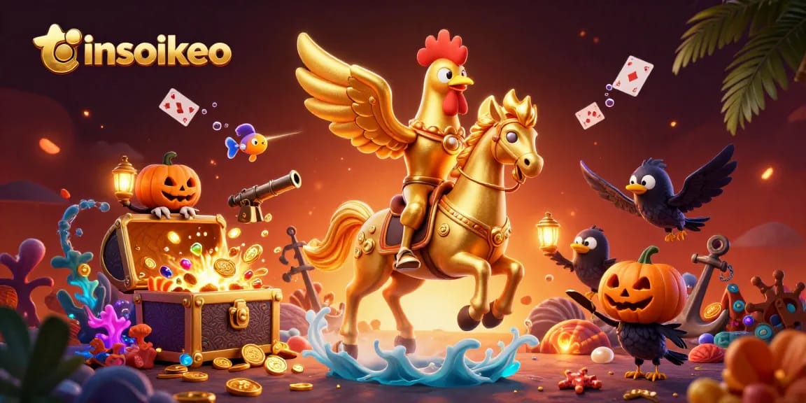 Experience thrilling games at tinsoikeo, where a golden rooster and spectral horse create a vibrant casino scene.