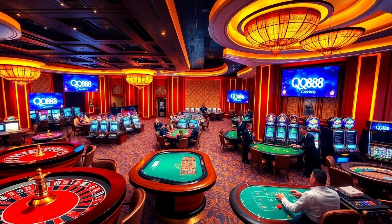 Excited players enjoying QQ88 at a luxury casino featuring roulette and blackjack tables.