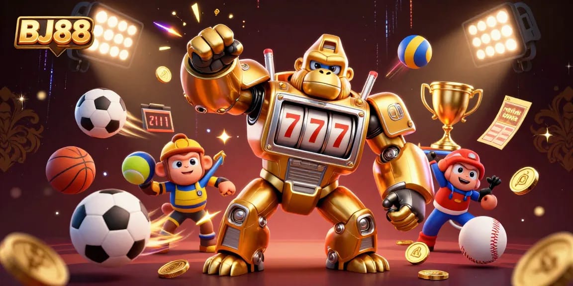 BJ88 showcases exhilarating sports betting with a dynamic gorilla mech surrounded by action elements.