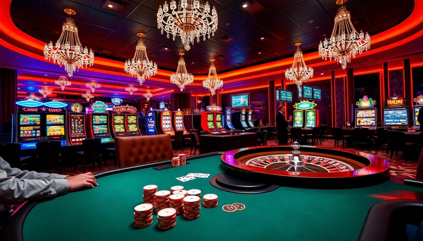 Players enjoying a poker game at nhà cái cm88's luxurious casino floor, filled with vibrant excitement.
