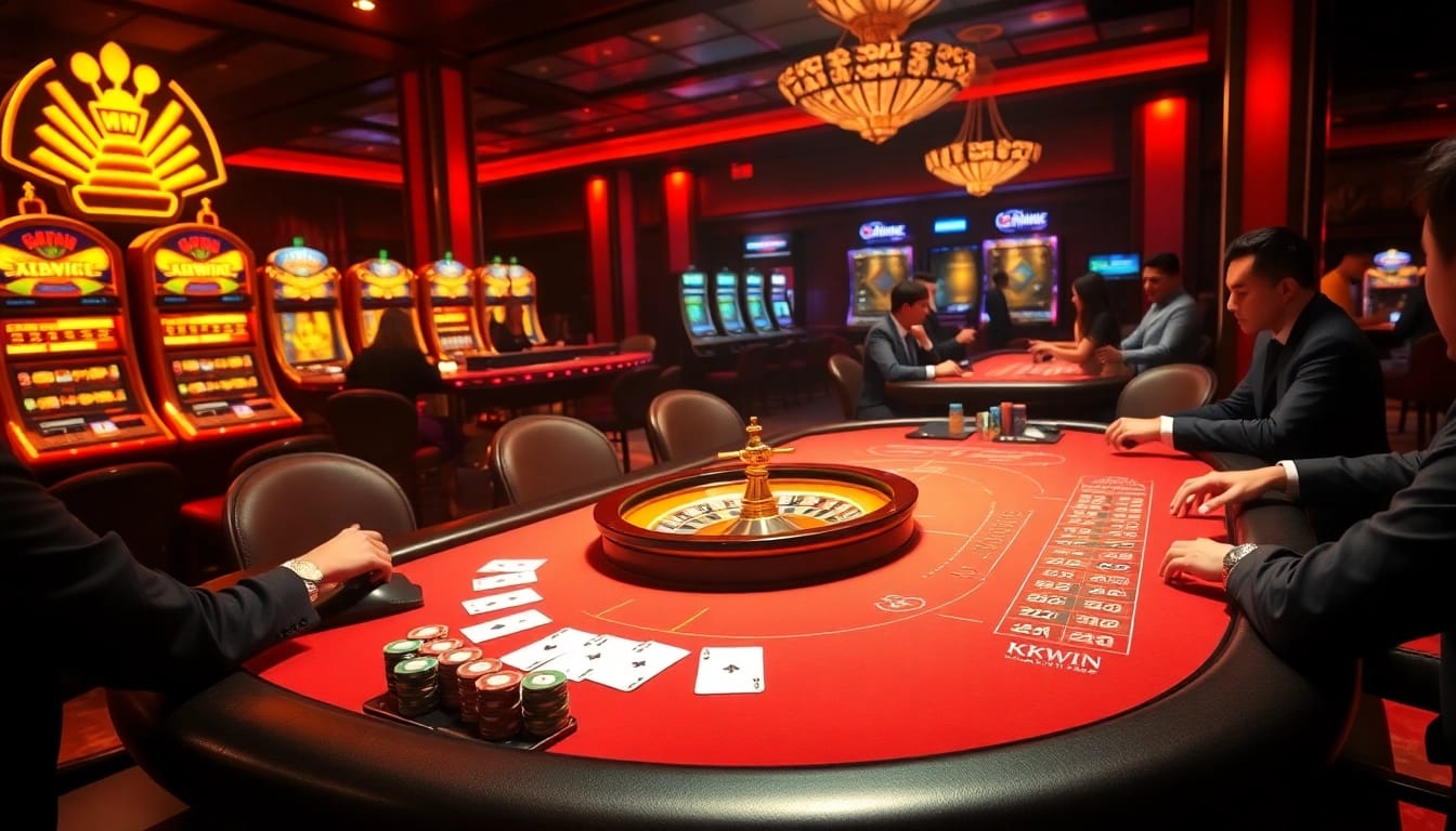 Excitement at the KKWIN casino table with players enjoying poker and roulette action.