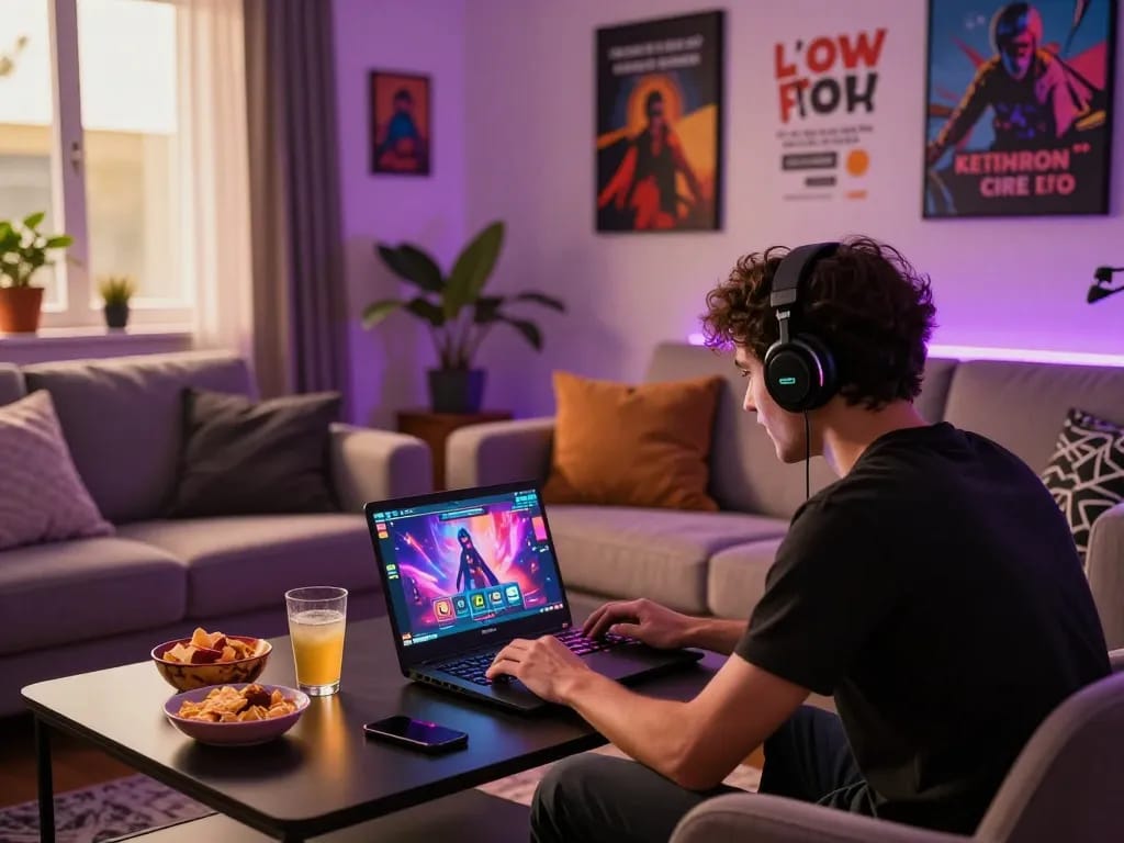 Player immersed in a dynamic porn game, vibrant gaming atmosphere in modern living room.