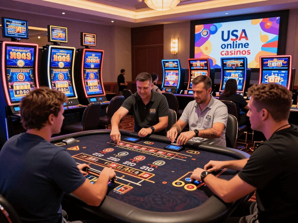 Engaged players at USA online casinos enjoying live dealer games in a vibrant casino setting.