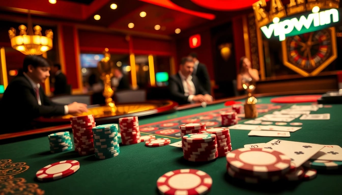 Experience the thrill of vipwin at a luxurious casino with a vibrant poker table and roulette wheel.
