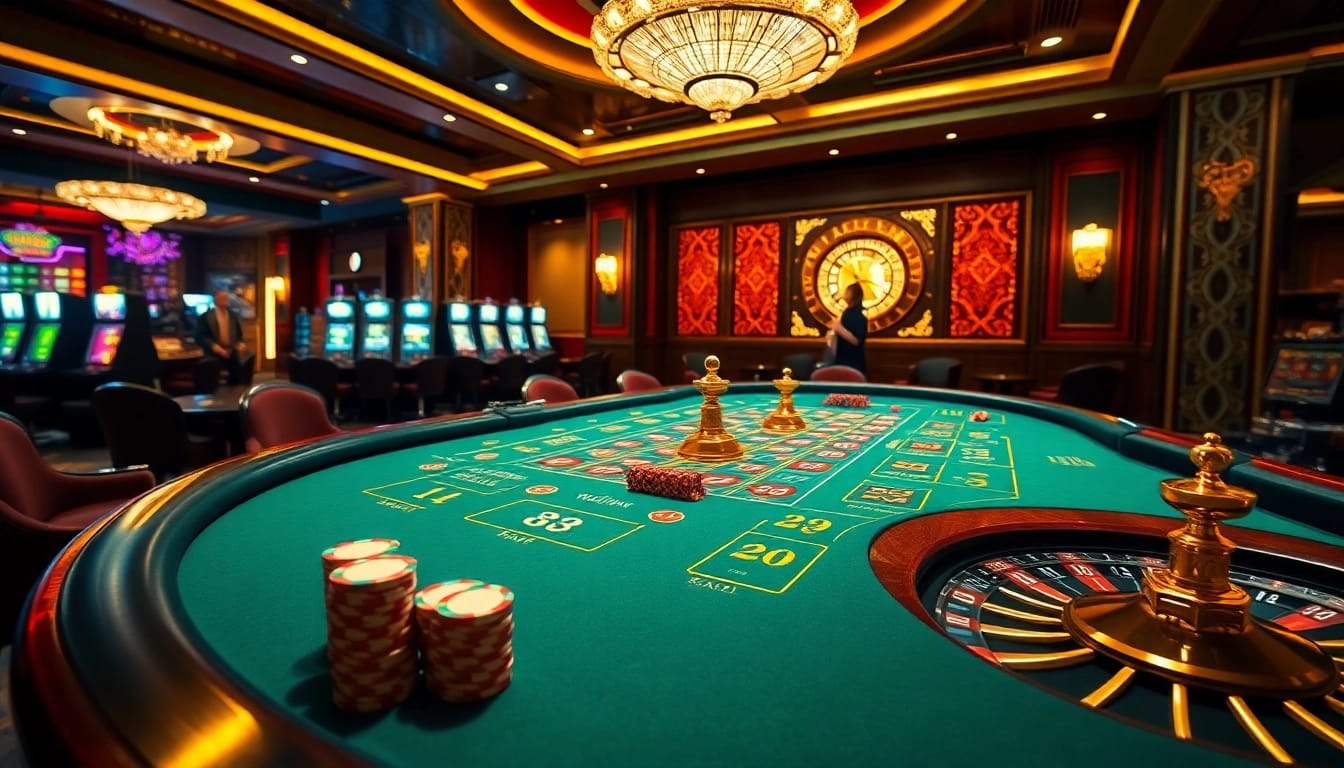 Excited players engaging in a game at may 88 casino, surrounded by vibrant poker chips and a spinning roulette wheel.