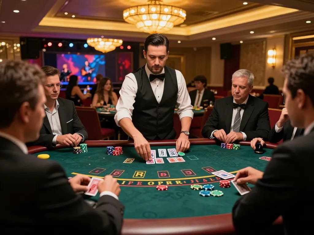 Engaged players enjoy the kp88 game at an elegant blackjack table in a luxurious casino setting.
