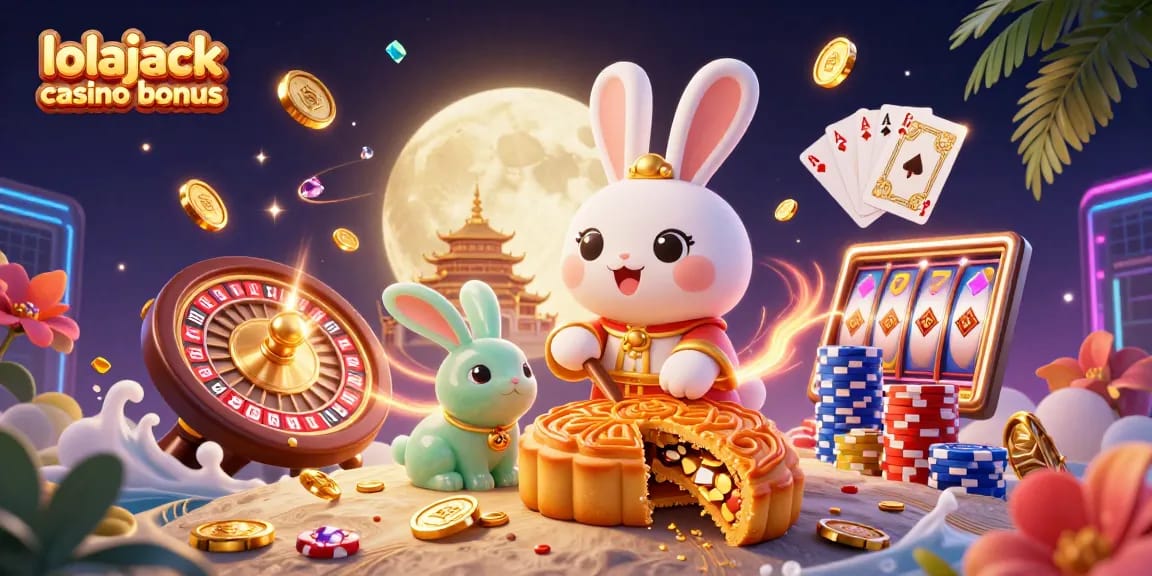 Experience the thrilling lolajack casino bonus with vibrant 3D illustration of moon rabbit characters amidst dynamic gaming elements.
