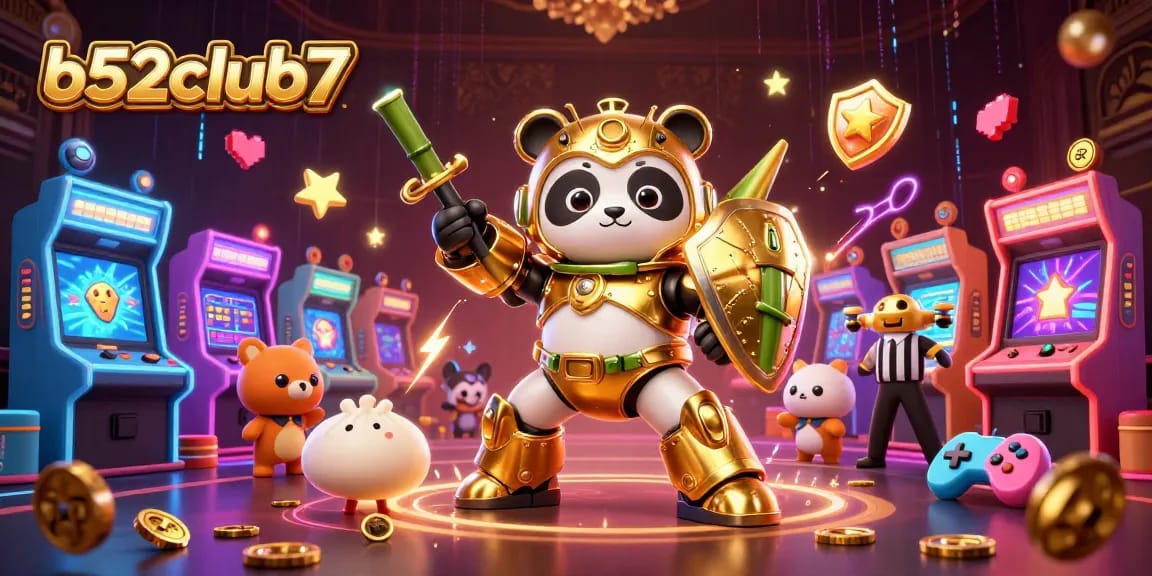 Experience thrilling gameplay at b52club7 with a dynamic illustration of a mech-suit panda battling in an arcade.