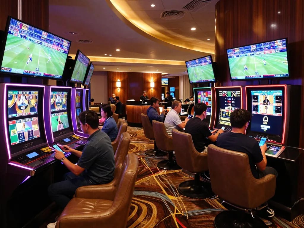 Experience live sports betting excitement at 1gom's upscale lounge with dynamic betting screens.