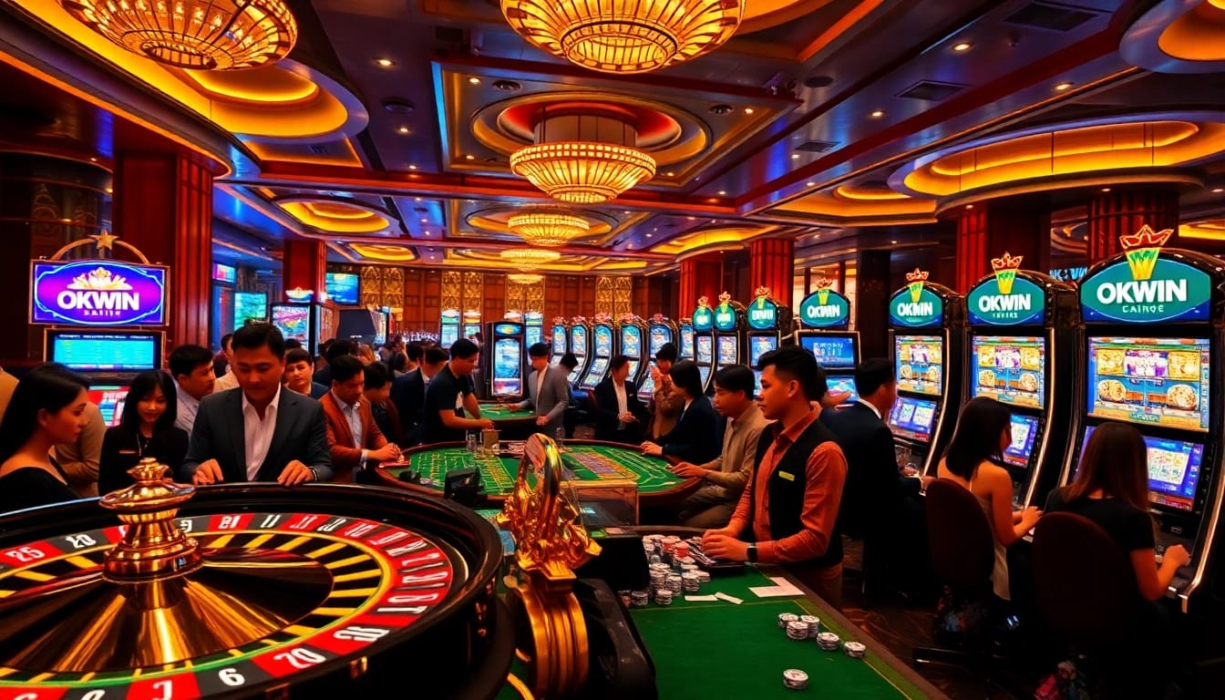 Experience the thrill of gaming at OKWIN, showcasing lively casino tables and slot machines.