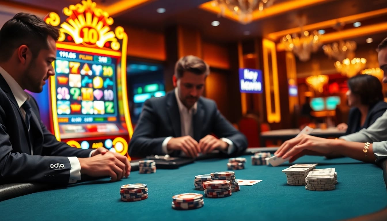 Experience the thrill of kkwin with players at a luxurious poker table and exciting slot machines.