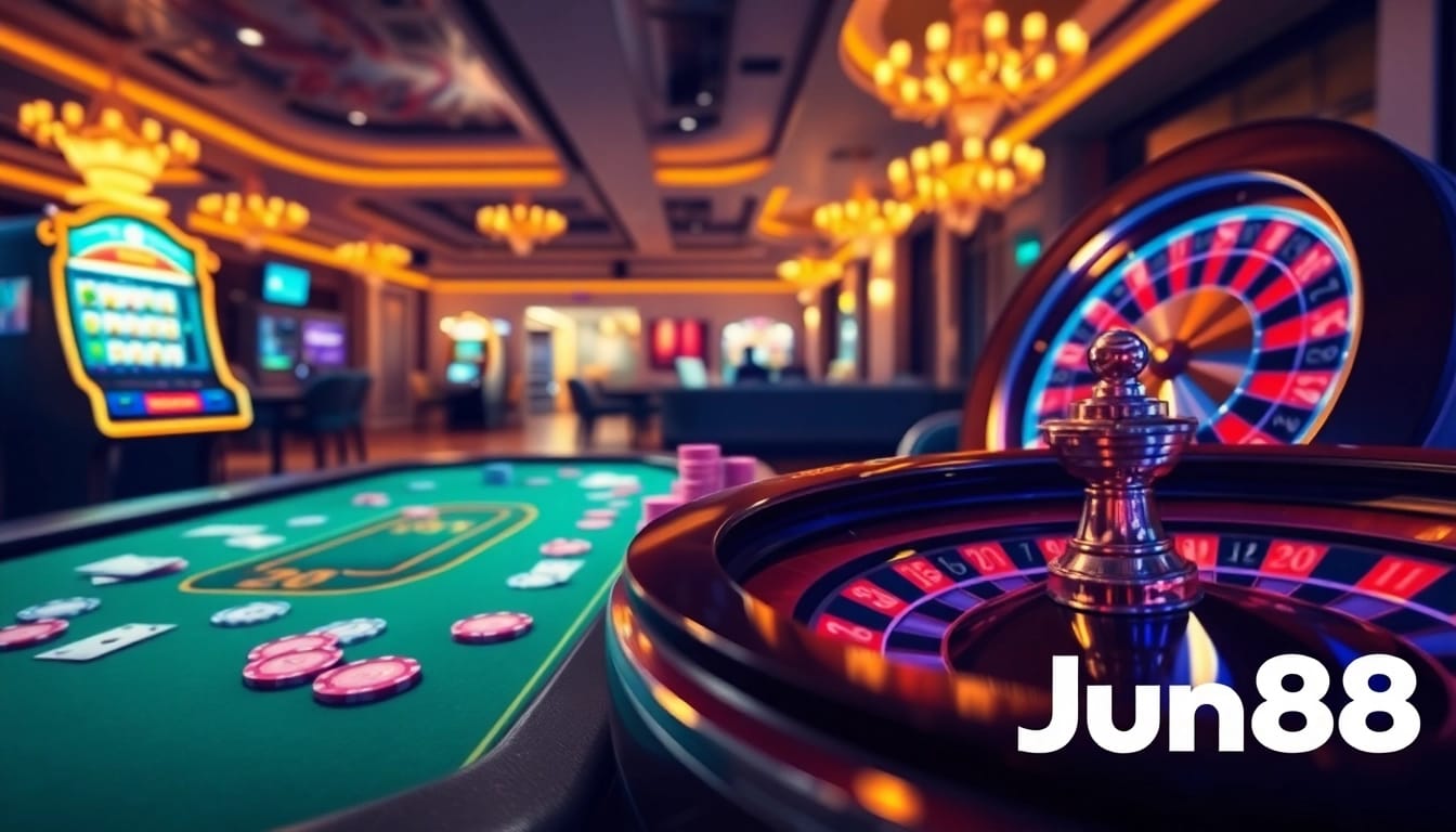 Experience high-stakes excitement at Jun88 with a poker table and roulette wheel in a luxurious casino setting.