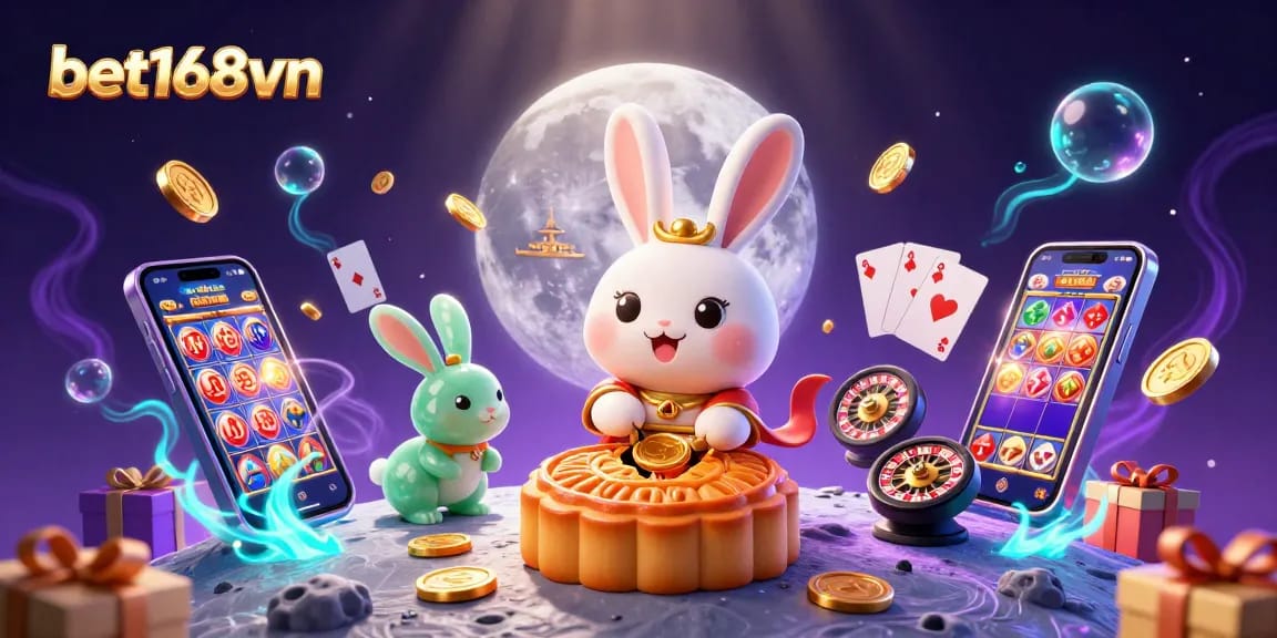 Experience the thrill of bet168vn with this enchanting scene of a moon rabbit and jade companion surrounded by diverse casino games.