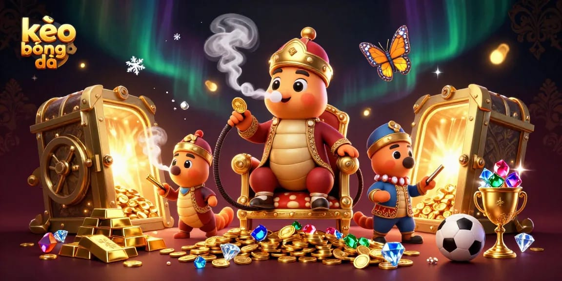 Engage with kèo bóng đá in a vibrant scene of sports betting excitement and treasures.