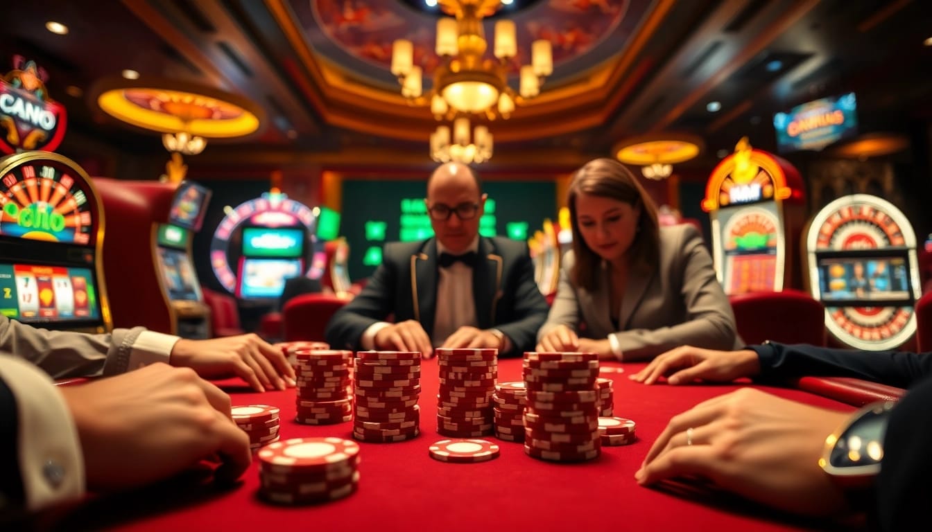 Exciting casino environment with KJC branding on poker chips and cards.