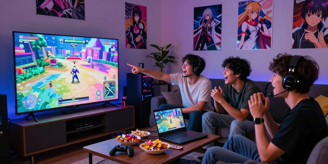 Group of friends enjoying ecchi games in a cozy living room.