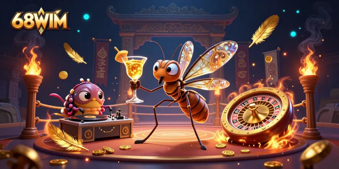 Engage in thrilling gameplay with 68WIM's lively casino scene featuring a frozen mosquito mascot and a trilobite DJ.
