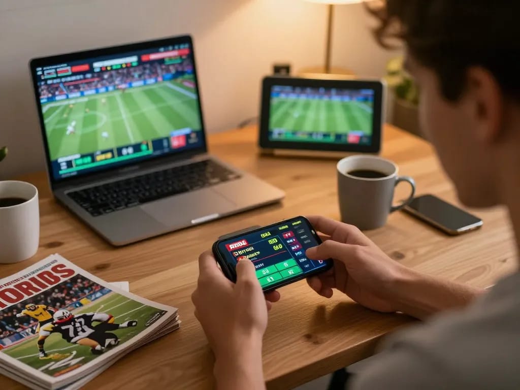 Engaging moment of placing a bet with RR88 on a smartphone in a stylish home office.